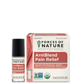 Front view of ArniBlend Pain Relief roll-on and box; shows relief for muscles and joints claim, USDA Organic badge, 4 ml