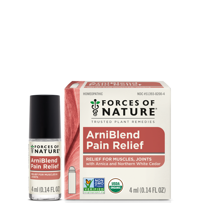 Front view of ArniBlend Pain Relief roll-on and box; shows relief for muscles and joints claim, USDA Organic badge, 4 ml