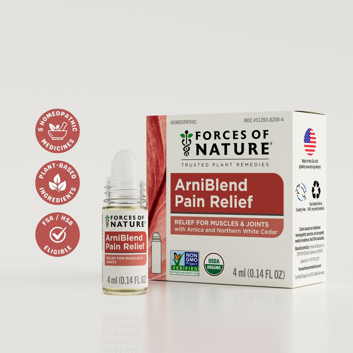 Front view of ArniBlend Pain Relief roll-on and box showing product name and 4 ml size on light gray background
