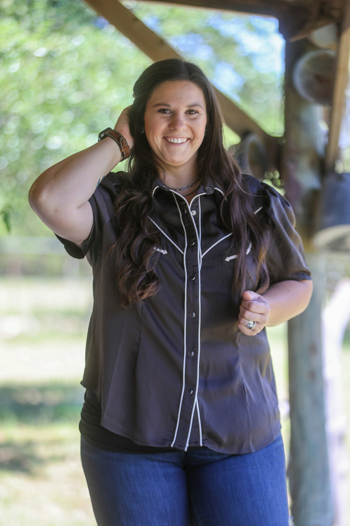 Brown Satin Button Down Short Sleeve Pearl Snap