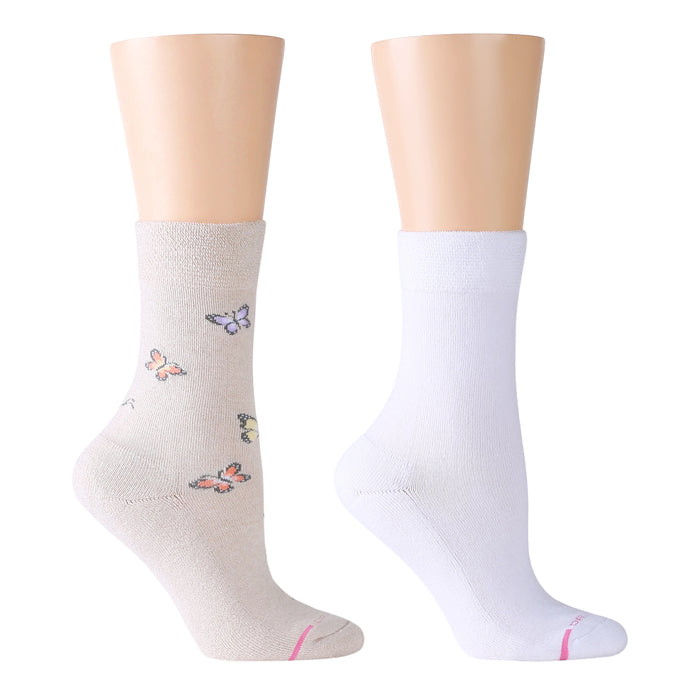 Beige sock with butterfly patterns and a white sock, both designed as diabetic half cushion socks for women.