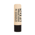 A stick of nourishing shea lip balm with a vanilla fragrance, packaging details visible