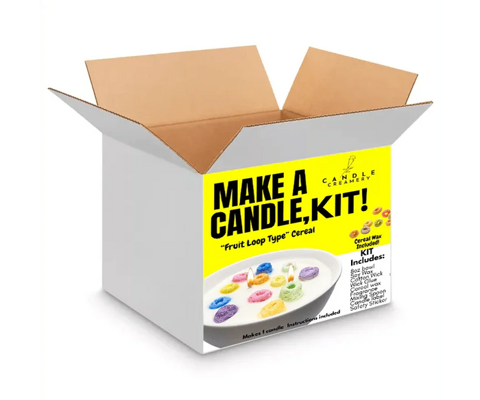 DIY candle making kit box with fruit cereal bowl candle image, open cardboard packaging