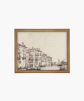 Framed sepia drawing of a Venetian canal scene with historic buildings. Boats float on calm water, evoking a serene, timeless atmosphere. | SW Home