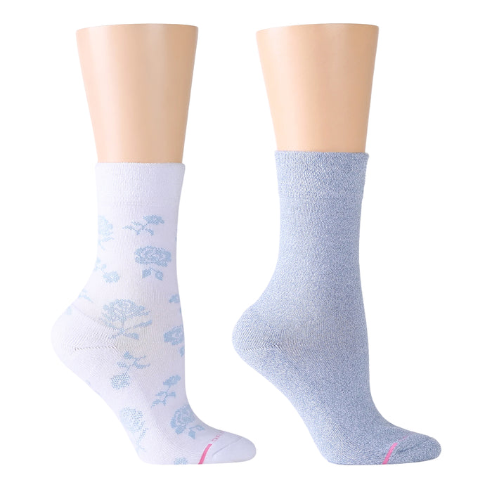 Two pairs of half cushion socks: one white with blue floral pattern, the other solid light blue.