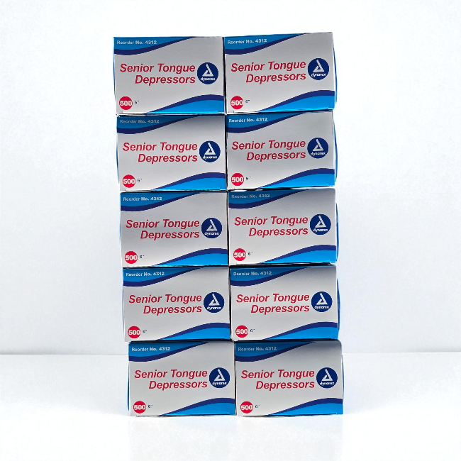 Stack of wax stick boxes labeled 'Senior Tongue Depressors'
