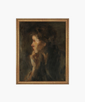 A moody oil painting of a woman's side profile in dark tones. Her thoughtful expression is emphasized by soft brushstrokes, set in a golden frame. | SW Home