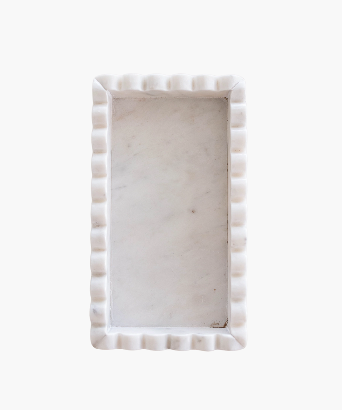 Rectangular marble tray with a scalloped border. The polished surface has a smooth texture, giving it an elegant and minimalist appearance. | SW Home
