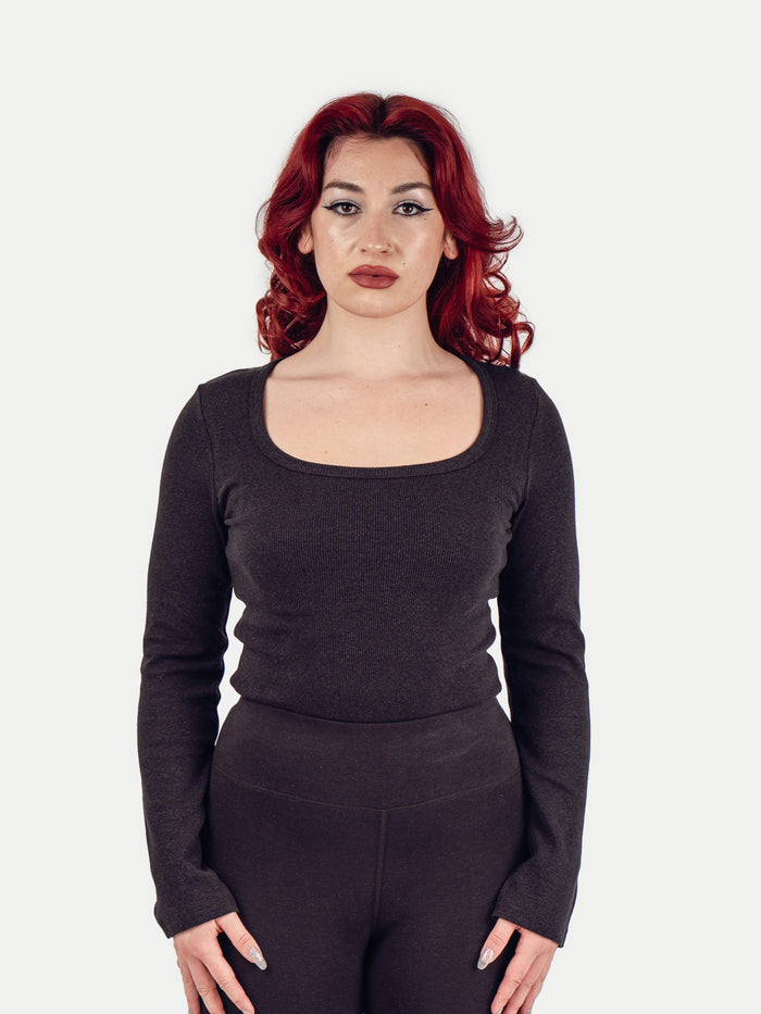 Organic Hemp Bamboo Ribbed Scoop L/S Tee | Black-Image 1