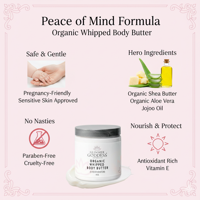 Organic whipped body butter by Glimmer Goddess for extremely dry skin, with a peach scent and creamy texture.