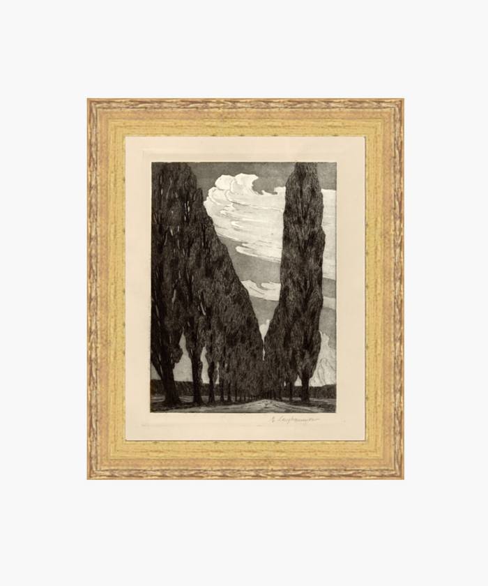 Framed black and white landscape print depicting tall, dense trees lining a pathway under a dramatic sky with swirling clouds. Distressed antique gold frame. | Wildwood Home Co.