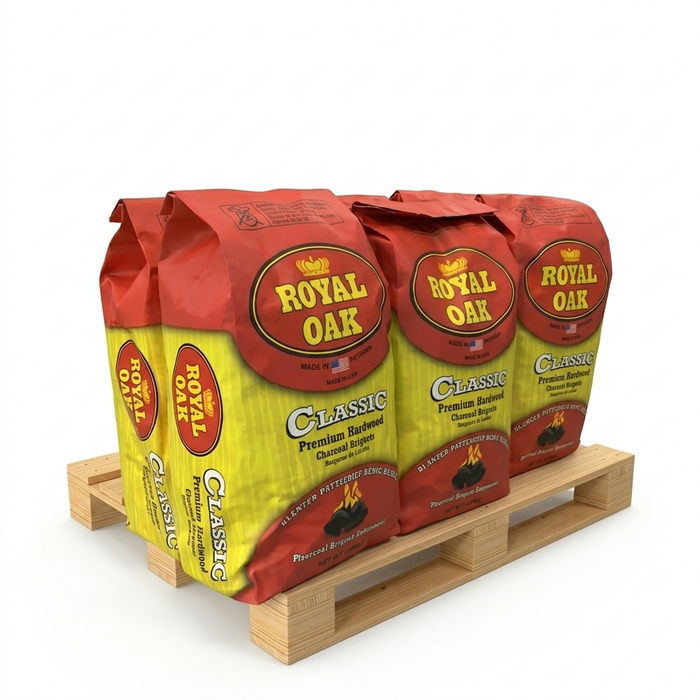 Royal Oak charcoal bags on a wooden pallet with a white background