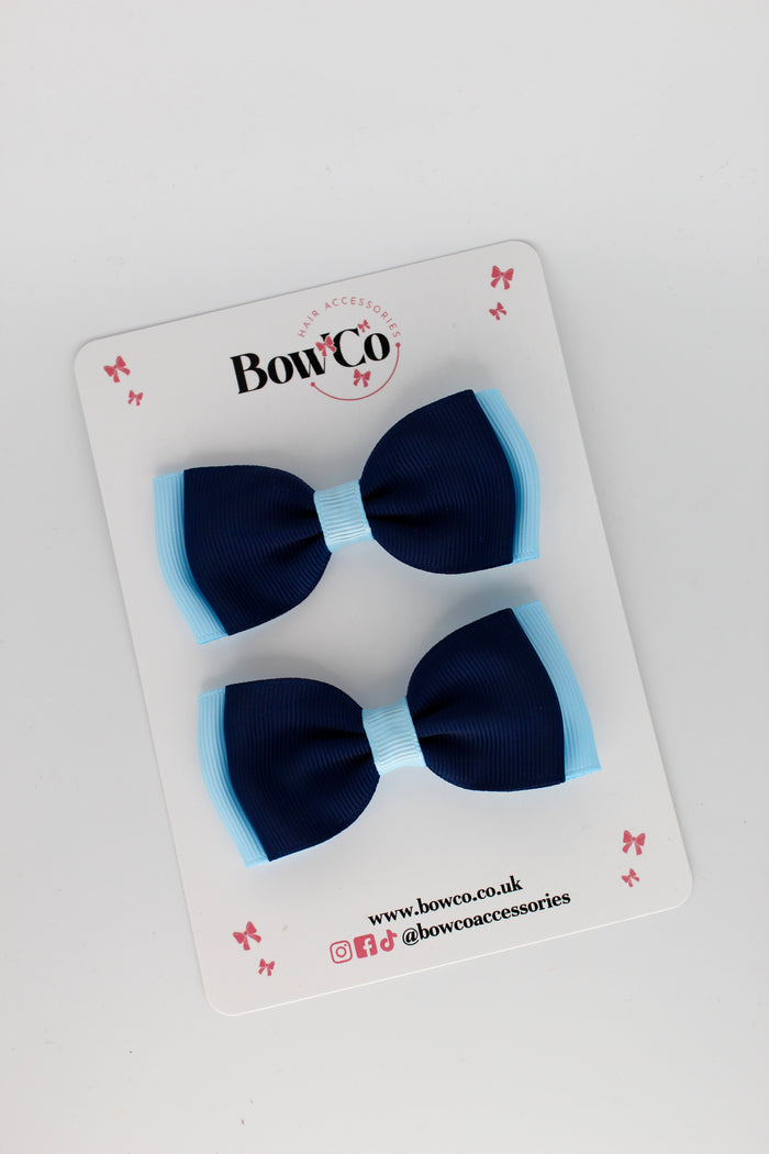School Bows Navy Blue and Blue Topaz - Double Lapel Bow Set - Clip