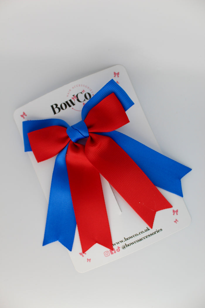 School Royal Blue and Red Double Ribbon Tail Bow – Clip