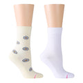 Yellow and white half cushion socks, one with daisy pattern and the other solid white, displayed on mannequin legs.