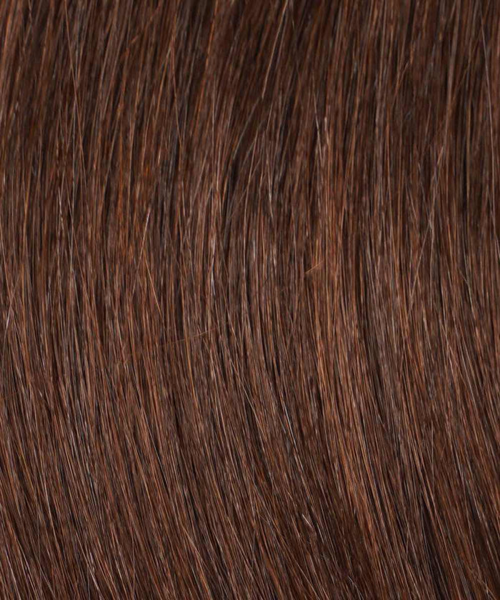 Close-up of straight, shiny Chocolate Brown  hair with natural highlights blending with Straight Fusion I-Tip extensions.#color_chocolate-brown-(3)