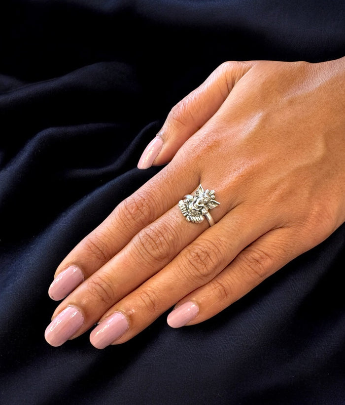 The Mandaka Silver Ganesha Adjustable Finger Ring