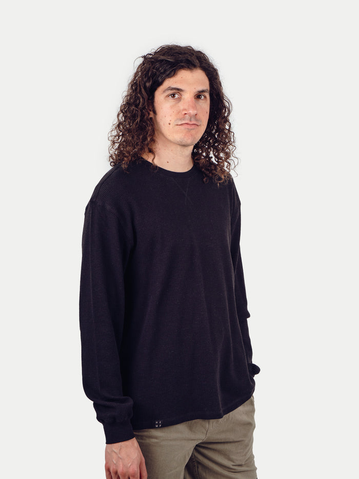 Unisex Organic Hemp Waffle L/S Tee | Black-Image 3