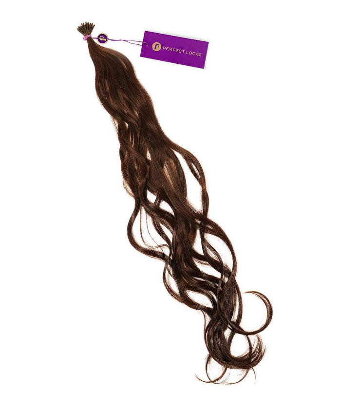 A bundle of long, wavy natural black human hair extensions labeled "Perfect Locks Wavy Fusion I-Tip Hair" with a purple tag.#color_chocolate-brown-(3)