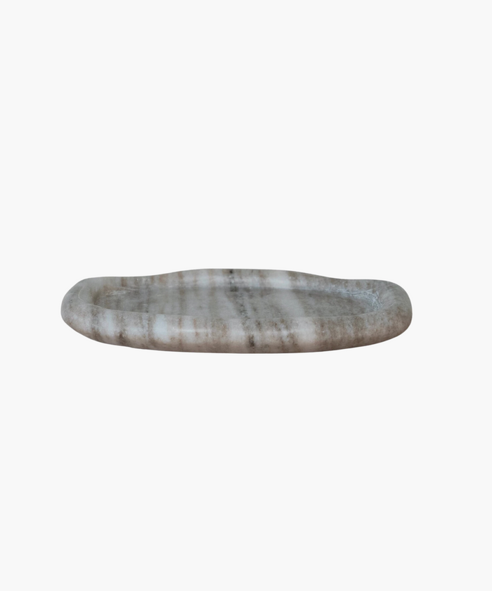 Oval marble tray with gray and white striations, featuring a smooth, polished surface. The elegant design conveys a sense of luxury and simplicity. | SW Home