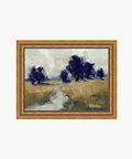 Impressionist landscape painting: a narrow path meanders through golden fields with dark, leafy trees under a soft, cloudy sky. Warm, serene atmosphere. | Wildwood Home Co.