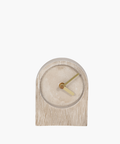 A minimalist beige clock with a textured arch shape, featuring sleek gold hour and minute hands. The design conveys simplicity and elegance. | SW Home