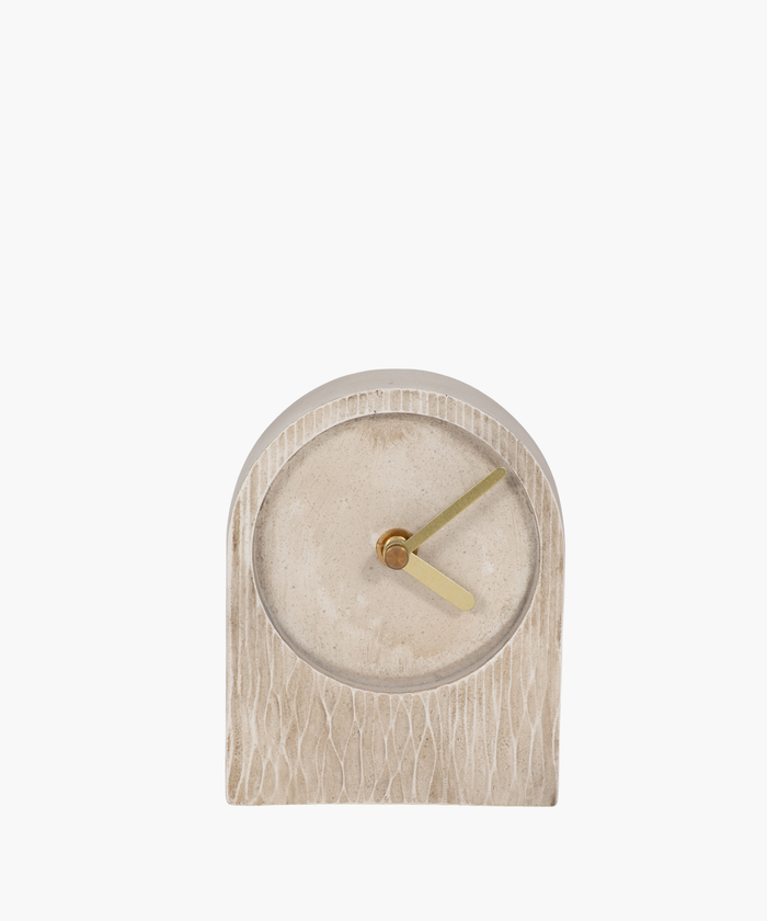 A minimalist beige clock with a textured arch shape, featuring sleek gold hour and minute hands. The design conveys simplicity and elegance. | SW Home