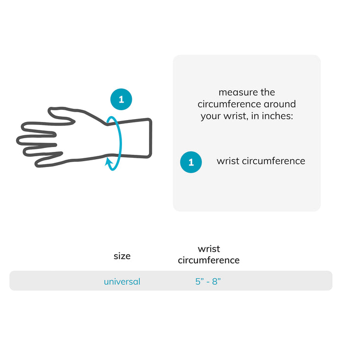The sizing chart for the womens wrist wrap is one size fits most with wrist circumferences up to 8 inches