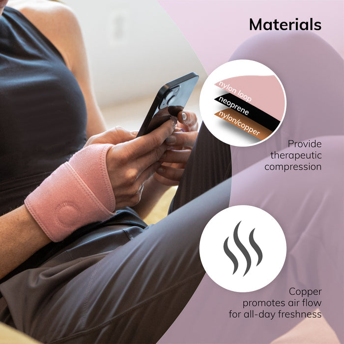 Our womens wrist wrap is made out of a soft pink copper and nylon